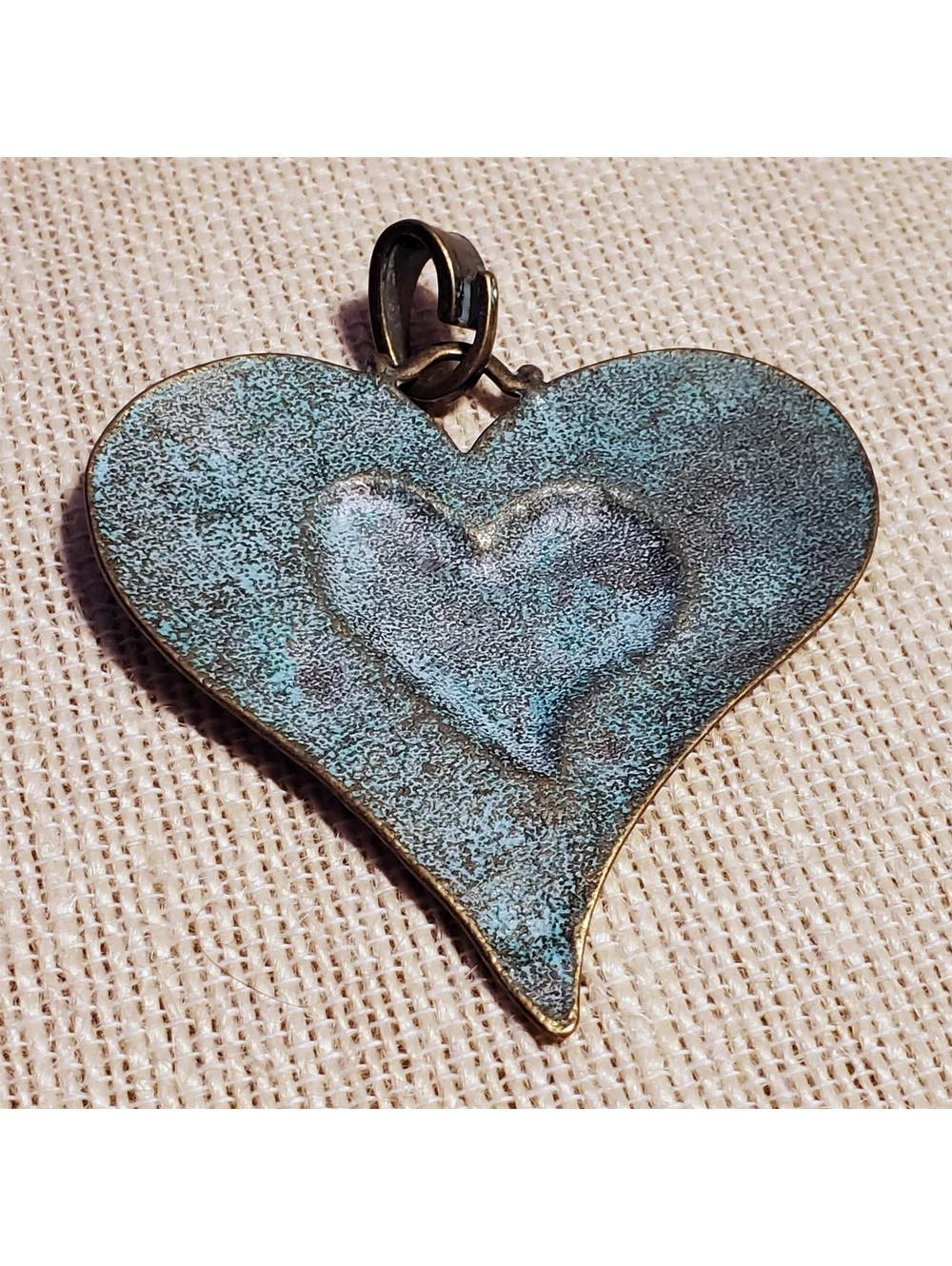 Antique Bronze Hammered Verdigris Green Patina Large Carved Heart Pendant